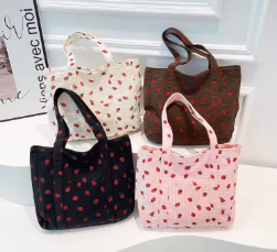 Corduroy Handbag Strawberry Print Beach Bag Fashion Large Capacity Tote Bag for Women Versatile Commuter Shoulder Bag Bolsos