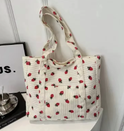 Corduroy Handbag Strawberry Print Beach Bag Fashion Large Capacity Tote Bag for Women Versatile Commuter Shoulder Bag Bolsos