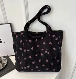 Corduroy Handbag Strawberry Print Beach Bag Fashion Large Capacity Tote Bag for Women Versatile Commuter Shoulder Bag Bolsos