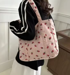 Corduroy Handbag Strawberry Print Beach Bag Fashion Large Capacity Tote Bag for Women Versatile Commuter Shoulder Bag Bolsos
