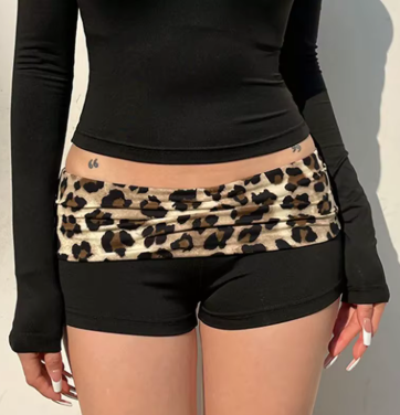 Contrast Patchwork Leopard Low Waist Slim Shorts Womens