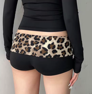 Contrast Patchwork Leopard Low Waist Slim Shorts Womens
